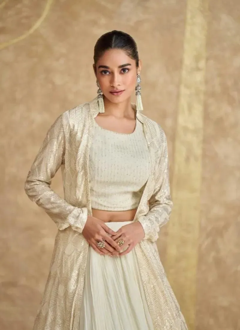 Classic Cream Georgette Embroidered Jacket Lehenga With Crop Top