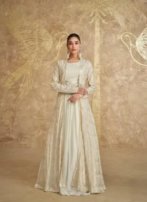 Classic Cream Georgette Embroidered Jacket Lehenga With Crop Top