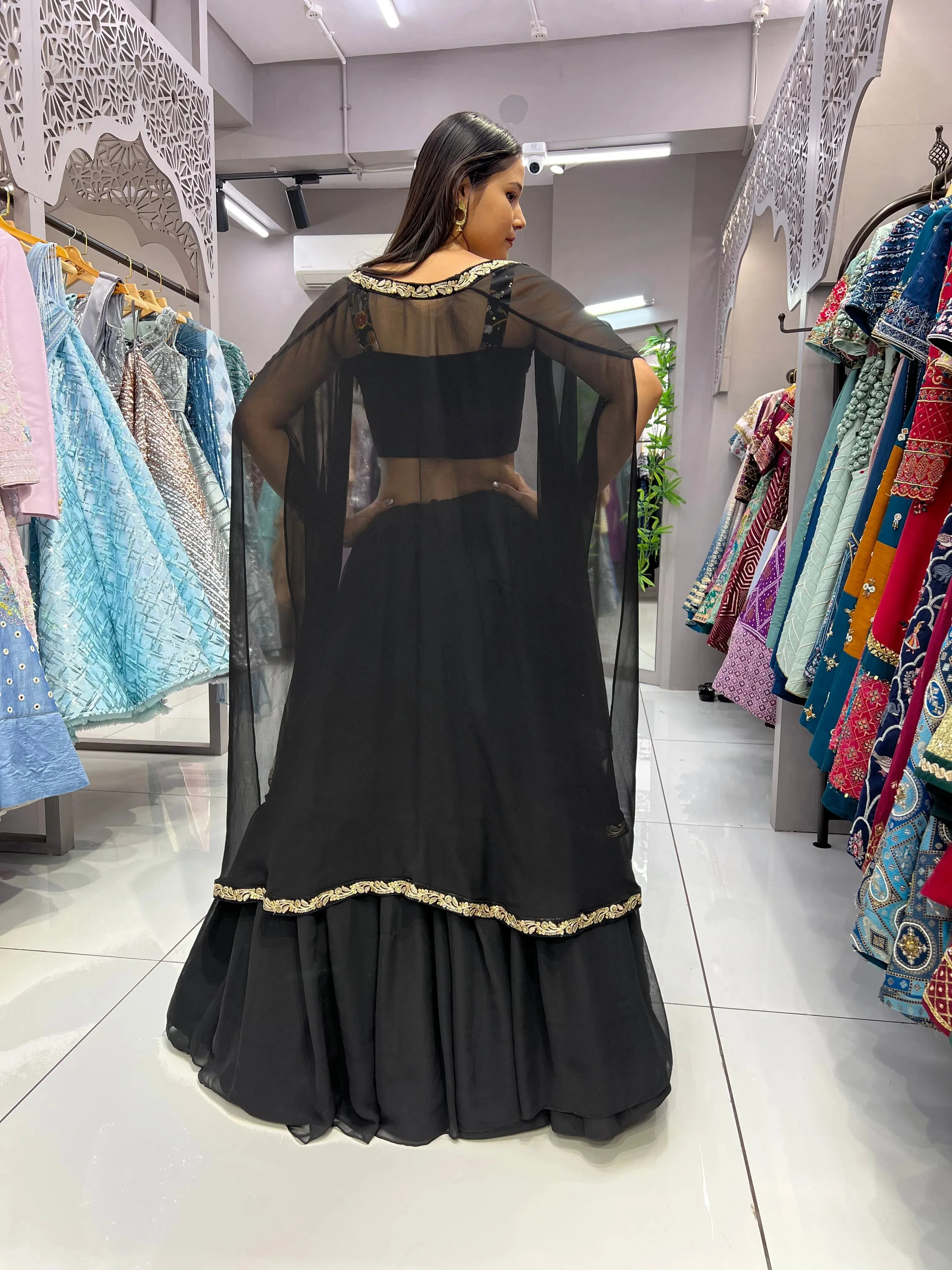 Elegant Black Heavy Georgette Pleated Jacket Lehenga Choli