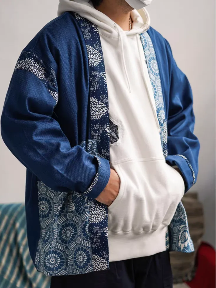 Indigo Japanese Motif Patchwork Kimono Jacket