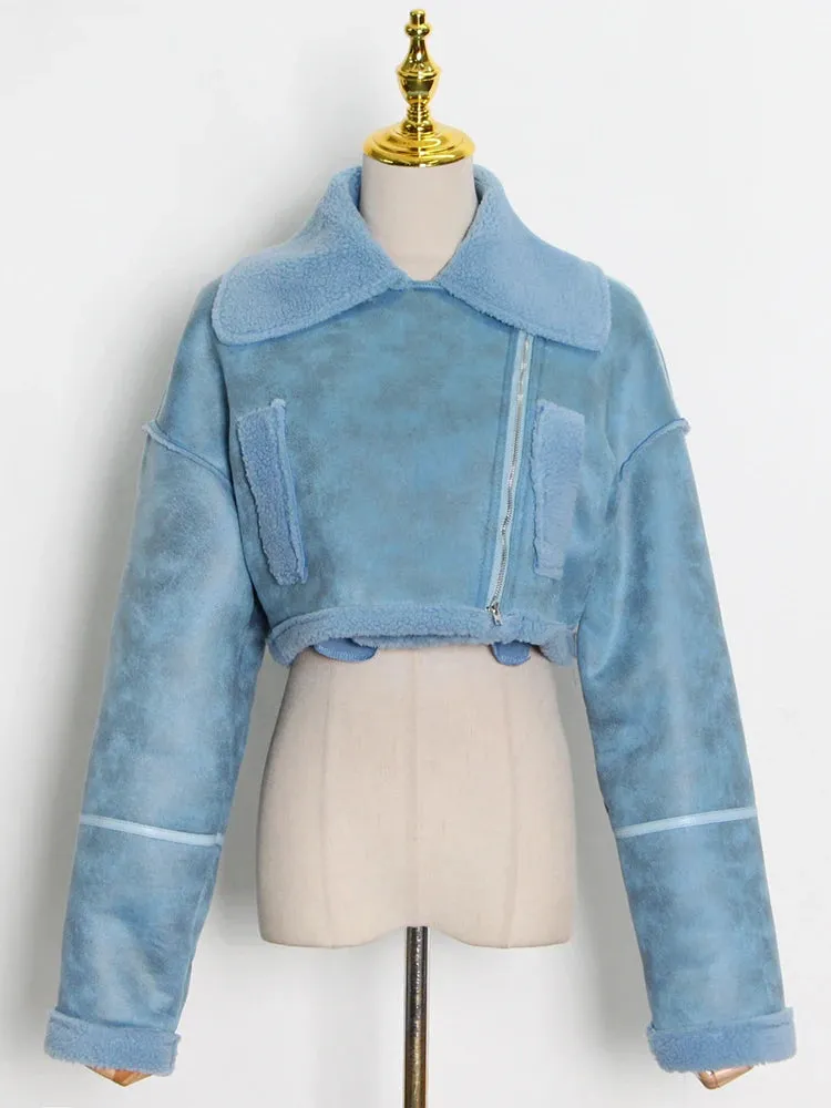 Korean Fashion Patchwork PU Leather Colorblock Jacket For Women Lapel Collar Long Sleeve Zipper Coats Female Winter Clothing
