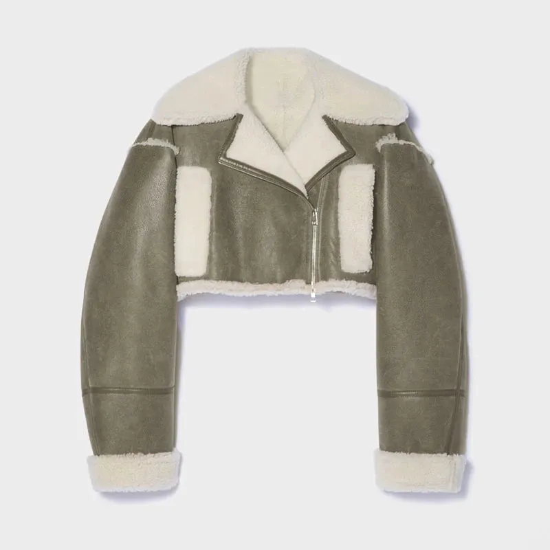 Korean Fashion Patchwork PU Leather Colorblock Jacket For Women Lapel Collar Long Sleeve Zipper Coats Female Winter Clothing