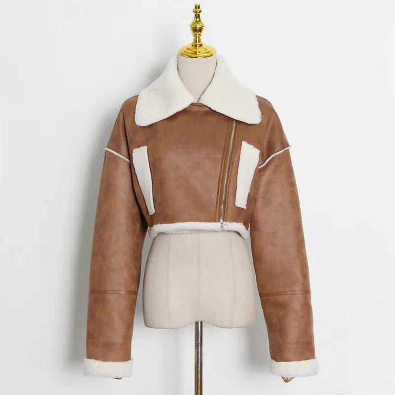 Korean Fashion Patchwork PU Leather Colorblock Jacket For Women Lapel Collar Long Sleeve Zipper Coats Female Winter Clothing