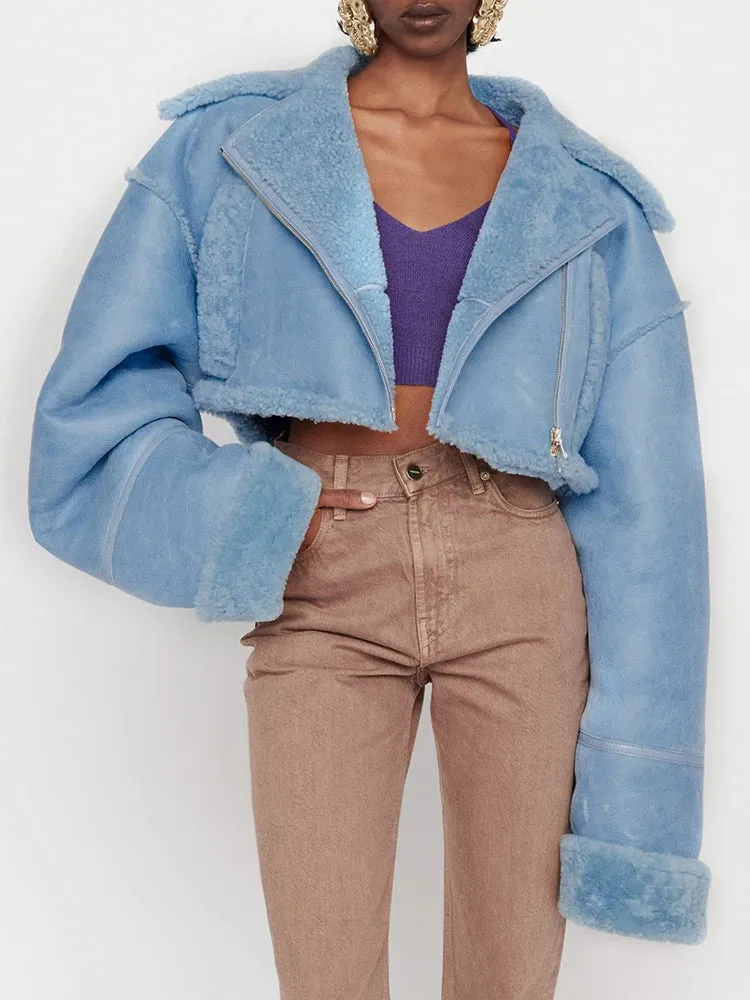 Korean Fashion Patchwork PU Leather Colorblock Jacket For Women Lapel Collar Long Sleeve Zipper Coats Female Winter Clothing