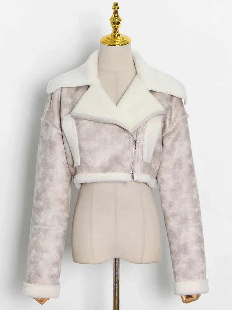 Korean Fashion Patchwork PU Leather Colorblock Jacket For Women Lapel Collar Long Sleeve Zipper Coats Female Winter Clothing
