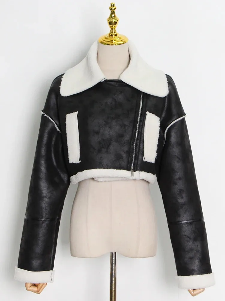 Korean Fashion Patchwork PU Leather Colorblock Jacket For Women Lapel Collar Long Sleeve Zipper Coats Female Winter Clothing