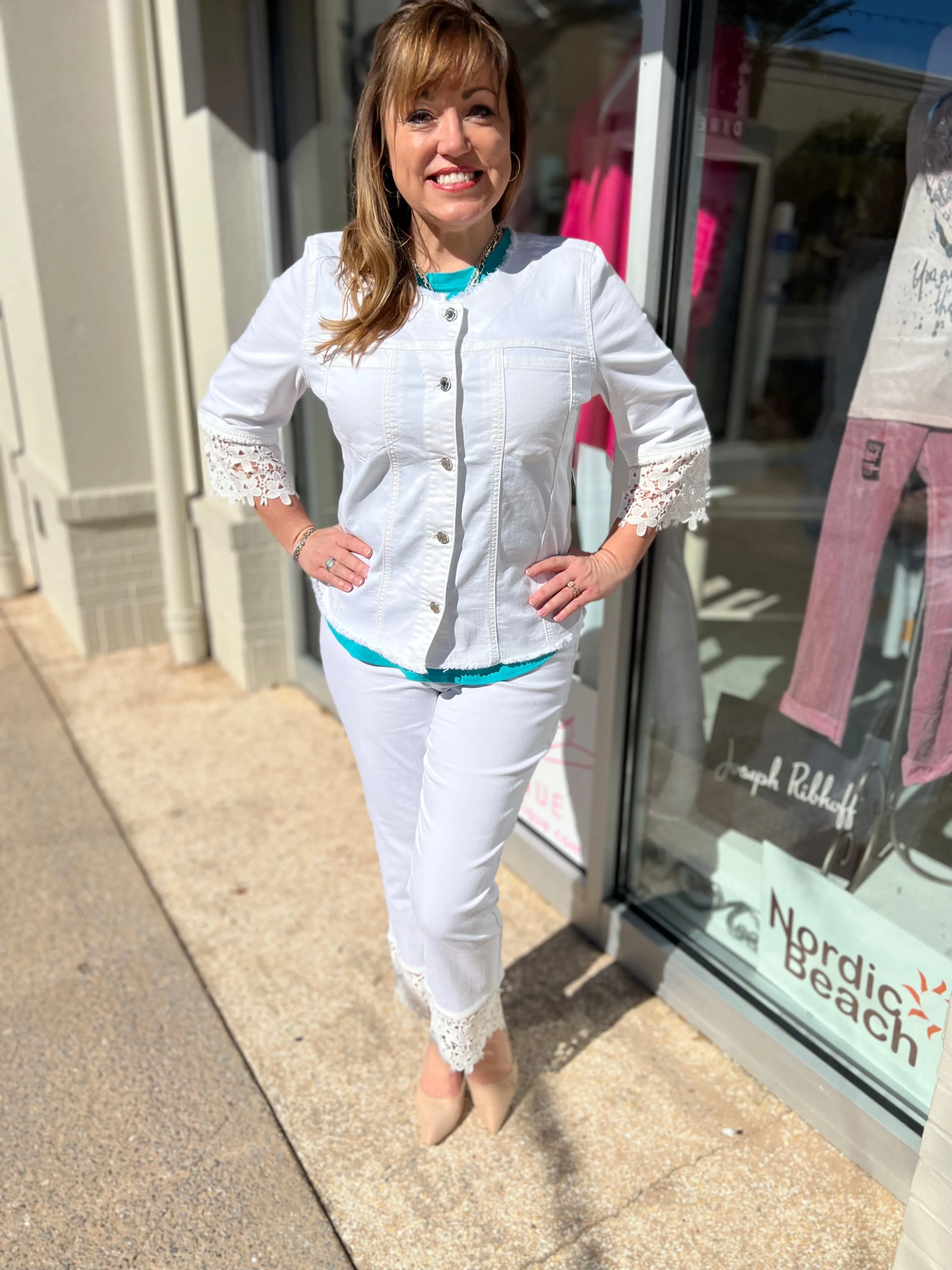 Lace Trimmed White Denim Jacket JOSEPH RIBKOFF 232910
