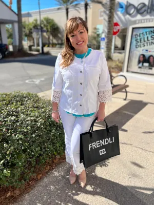 Lace Trimmed White Denim Jacket JOSEPH RIBKOFF 232910