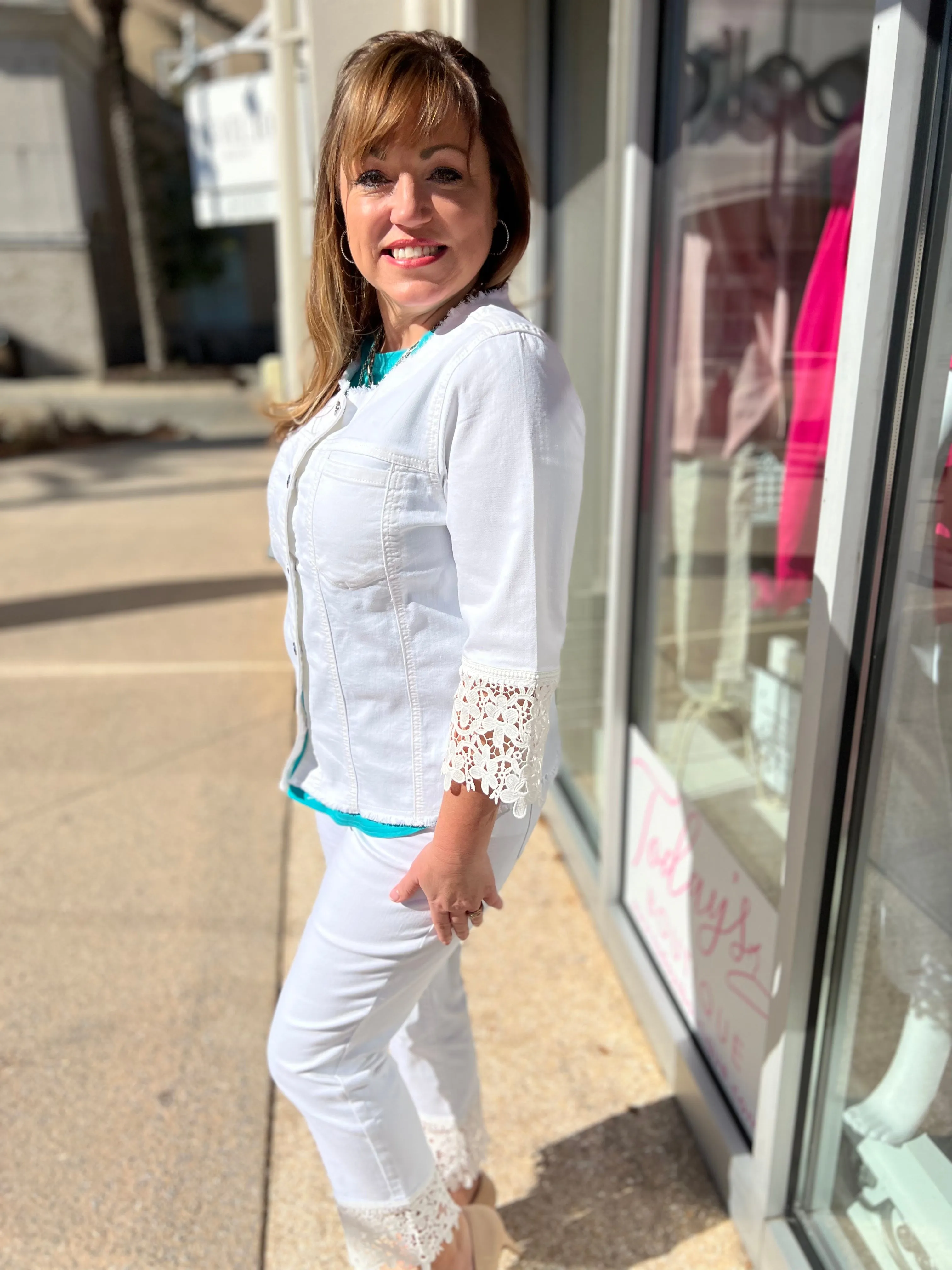 Lace Trimmed White Denim Jacket JOSEPH RIBKOFF 232910