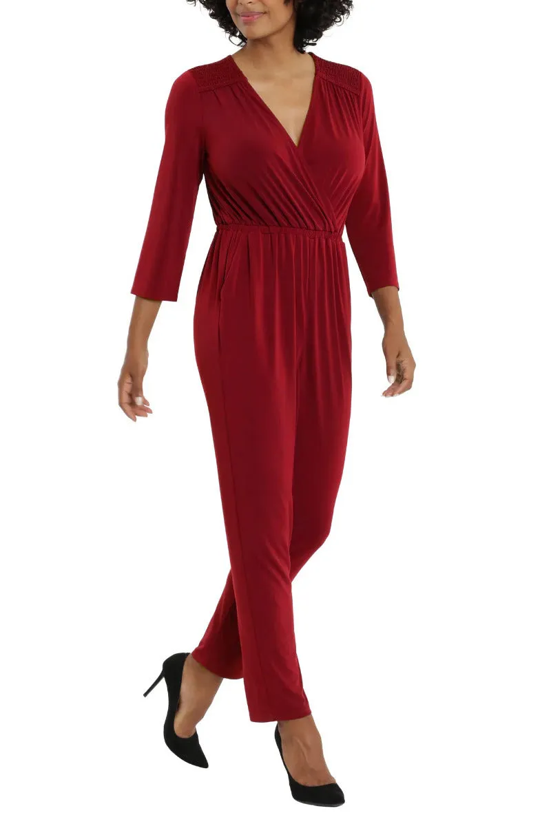 London Times Collared V-Neck Smocked Shoulder 3/4 Sleeve Elastic Waist Ruched ITY Jumpsuit with Pockets