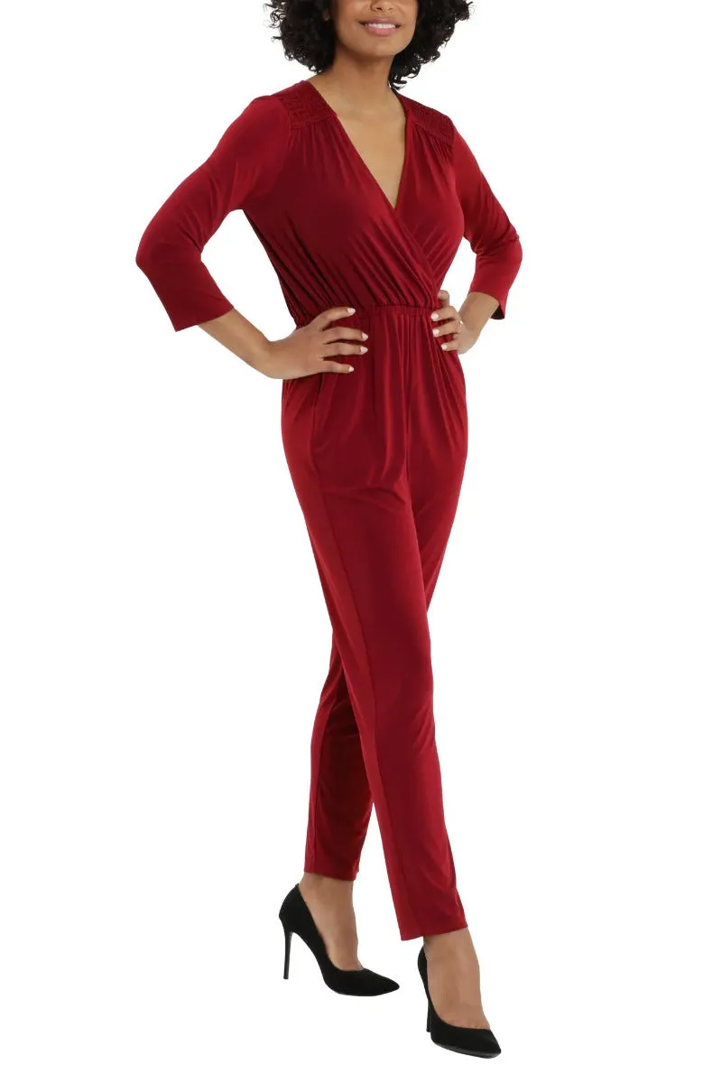London Times Collared V-Neck Smocked Shoulder 3/4 Sleeve Elastic Waist Ruched ITY Jumpsuit with Pockets