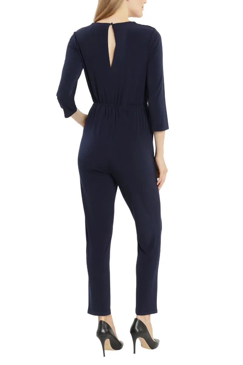 London Times Collared V-Neck Smocked Shoulder 3/4 Sleeve Elastic Waist Ruched ITY Jumpsuit with Pockets