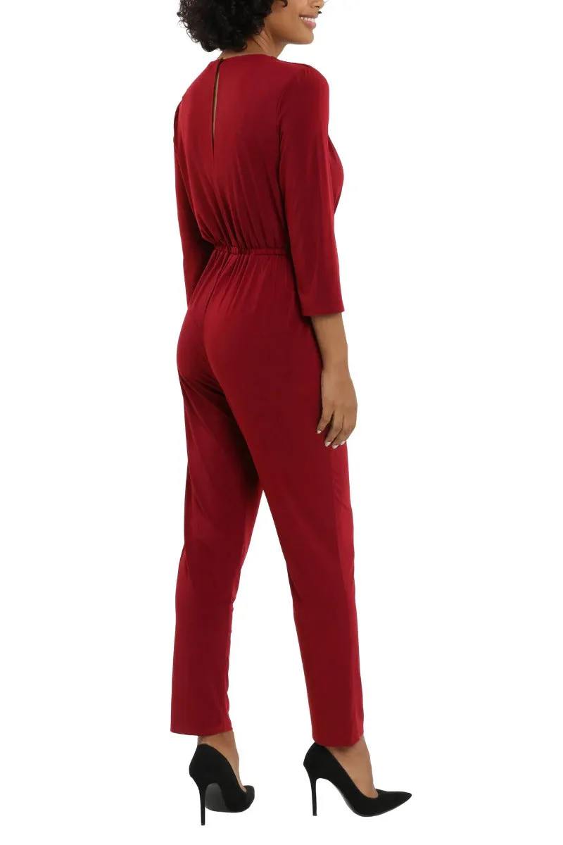 London Times Collared V-Neck Smocked Shoulder 3/4 Sleeve Elastic Waist Ruched ITY Jumpsuit with Pockets