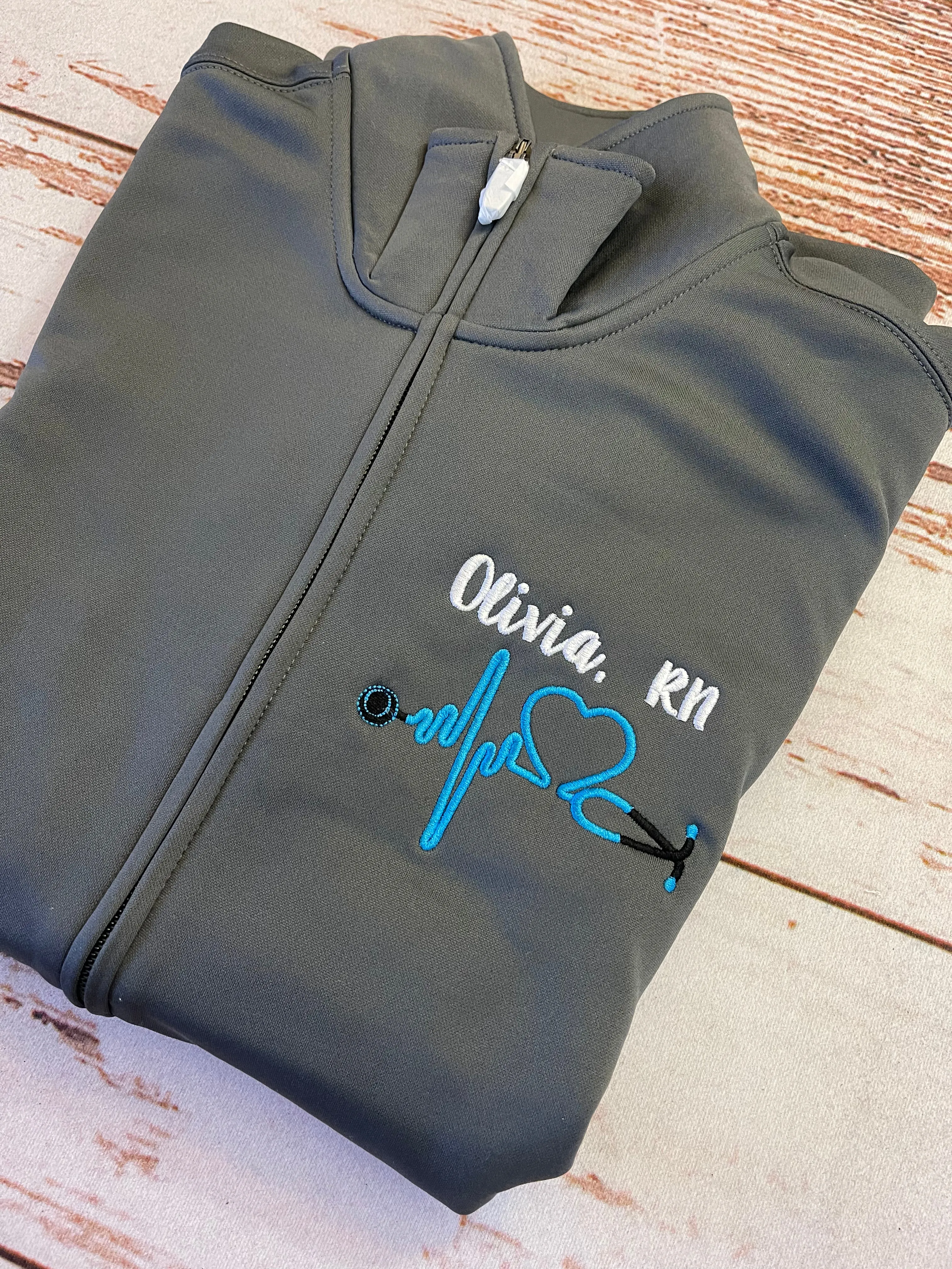 Monogrammed Nurse Full Zippered Jacket Sweatshirt | Personalized Nurse Polyester Jacket|Personalized Ladies Nurse/Doctor Heart Steth