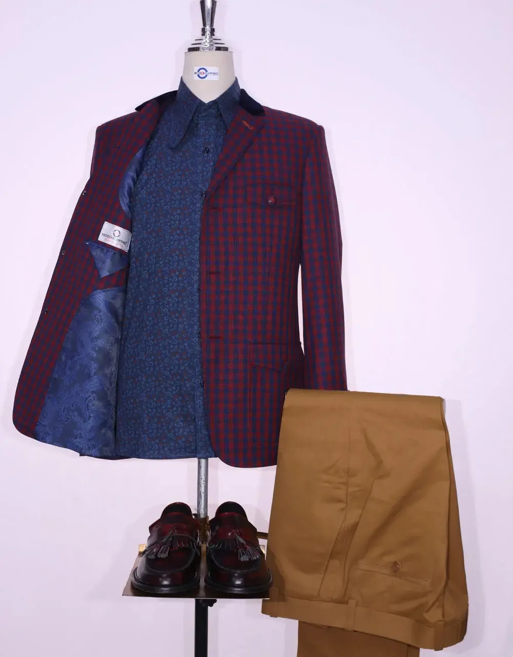 Navy Blue And Maroon Buffalo Check Jacket