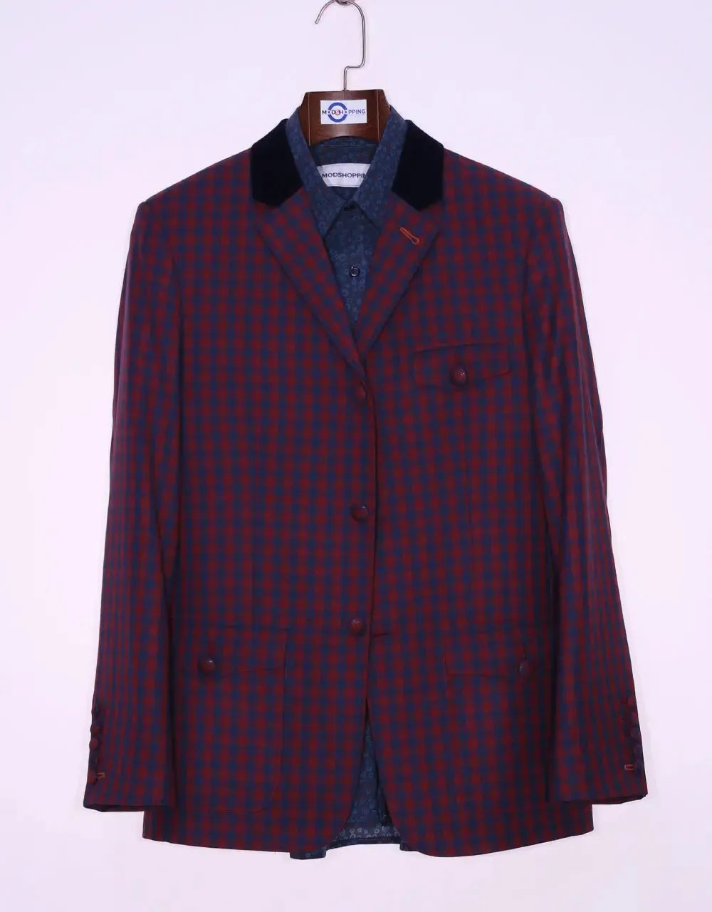 Navy Blue And Maroon Buffalo Check Jacket