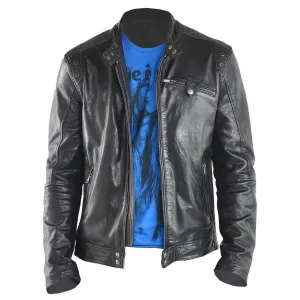 Regular Fit Black Biker Lambskin Leather Motorcycle Jacket for Men