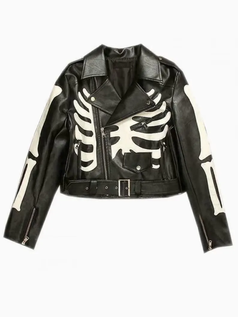 Women's Black Skeleton Leather Biker Jacket